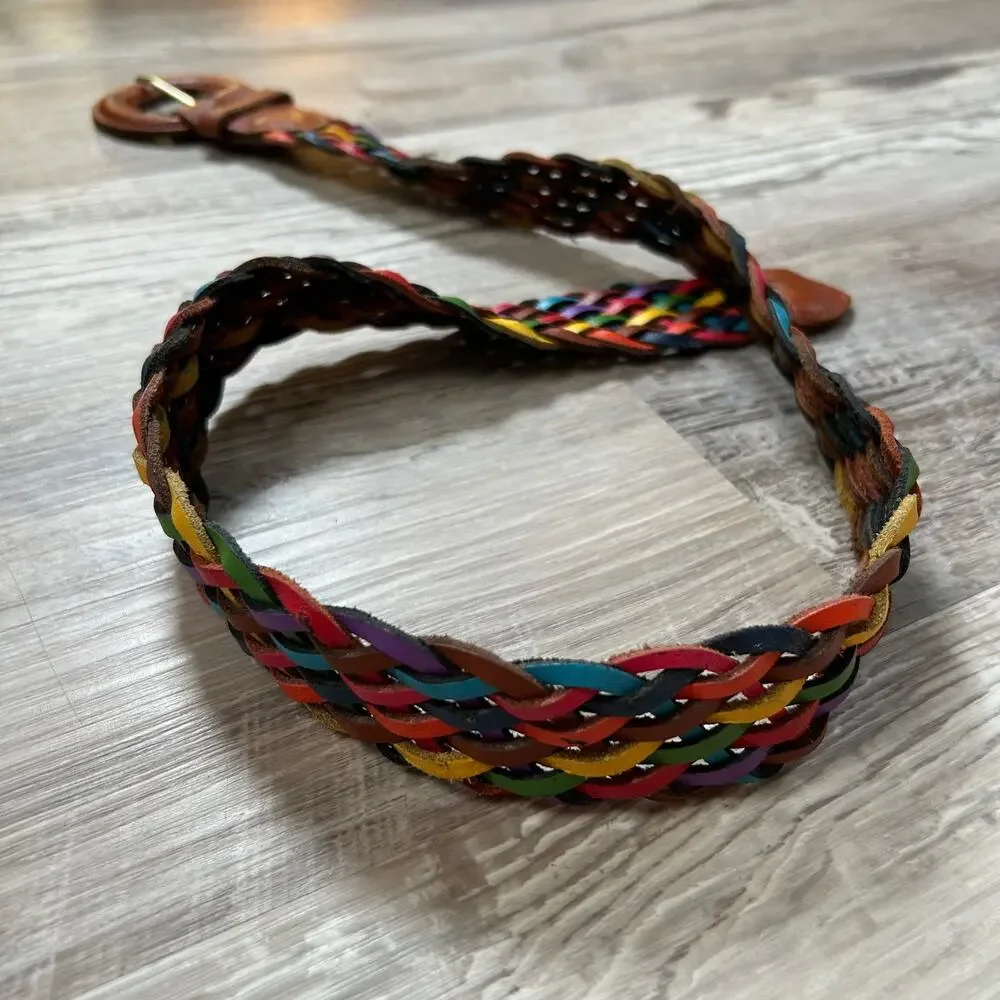 Capezio Rainbow Braided Leather Belt Round Buckle Boho S/M Argentina